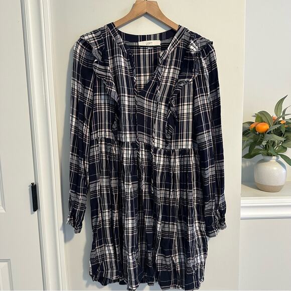 LOFT Blue Pink Plaid Long Sleeve Mini Dress XS - Picture 7 of 9